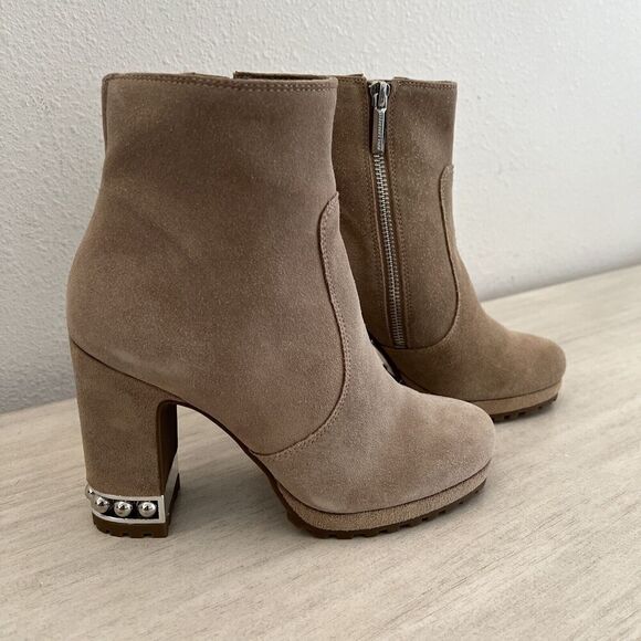 Karl Lagerfield Women Sz 6M Lenore Tan Suede Boot Lug Sole Metal Bead Heel - Picture 1 of 16